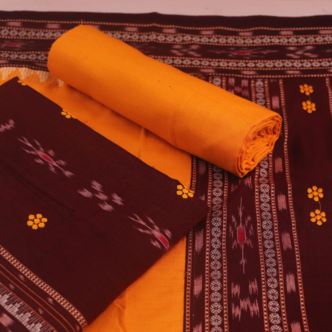 Detail of maroon & yellow Sambalpuri cotton dress material's motif-patterned blouse piece.
