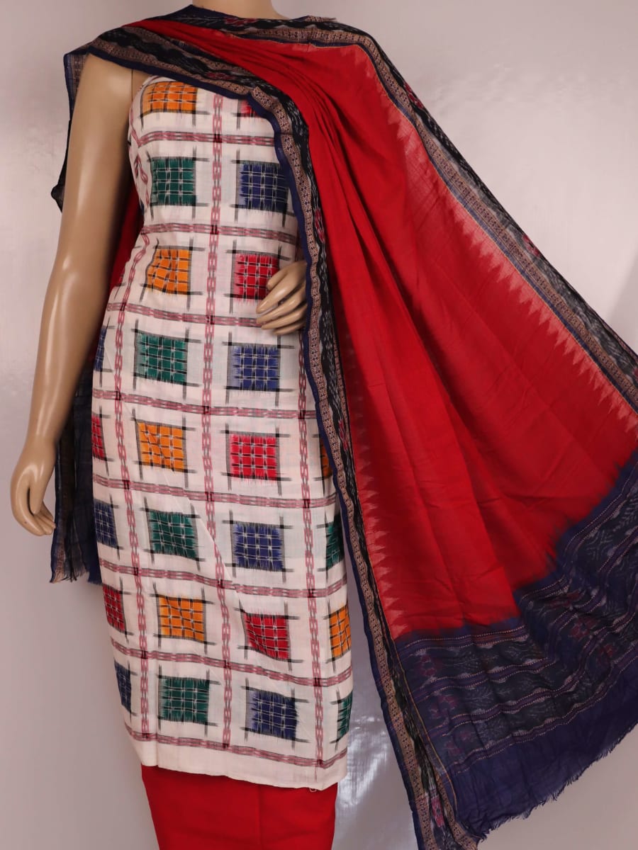 Close-up of white cotton Sambalpuri dress material with red motifs