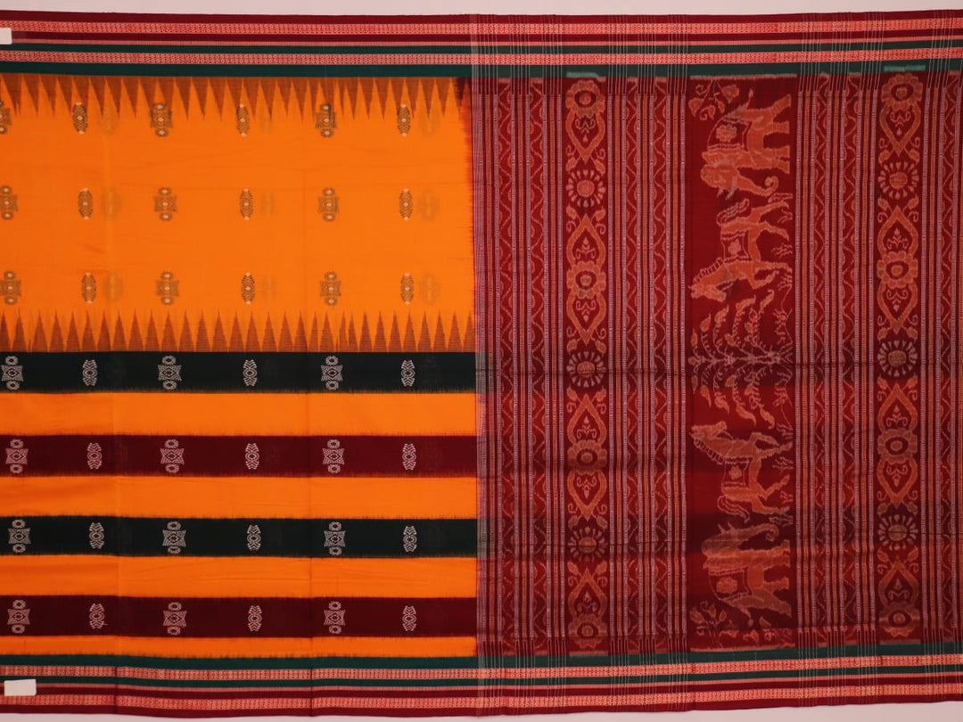 Full view of a yellow Bomkai cotton saree with maroon butta patterns