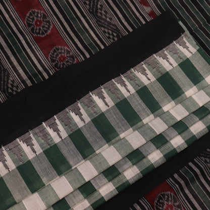 Full view of a green and black Sambalpuri cotton saree with motifs.