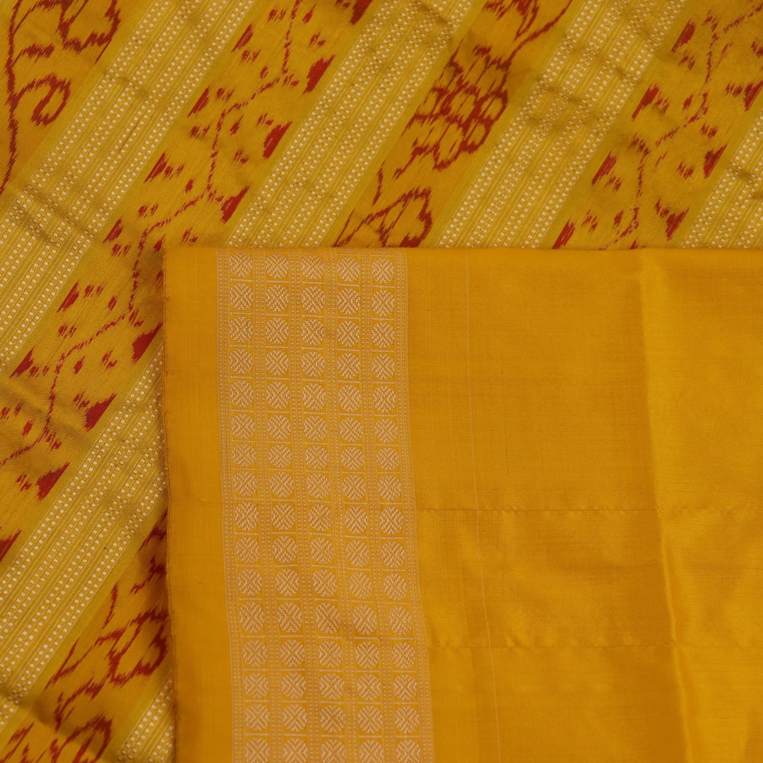 Close-up showcasing intricate silk fabric texture in black and yellow motifs