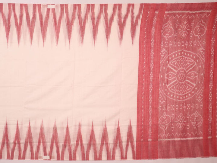 Plain white and maroon Sambalpuri cotton saree styled to show its drape and color combination.