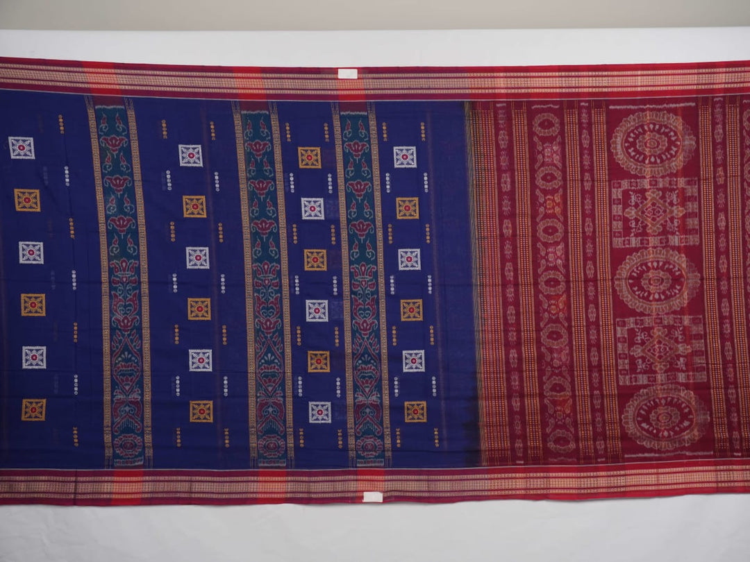 Full layout of the blue and maroon Bomkai cotton saree showing the complete body, border, and pallu.