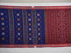 Full layout of the blue and maroon Bomkai cotton saree showing the complete body, border, and pallu.