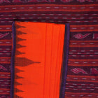 Full layout of the orange Sambalpuri cotton saree with blue border and pallu, highlighting the design.