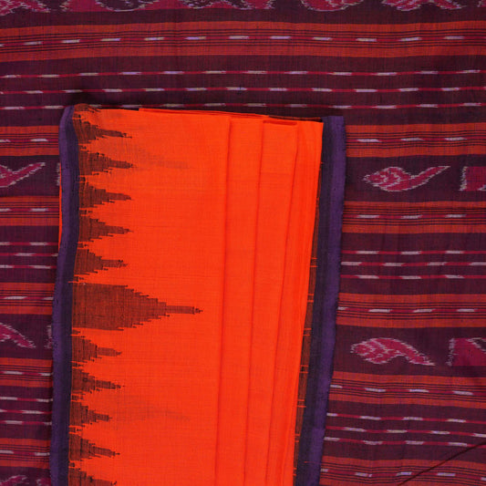 Full layout of the orange Sambalpuri cotton saree with blue border and pallu, highlighting the design.