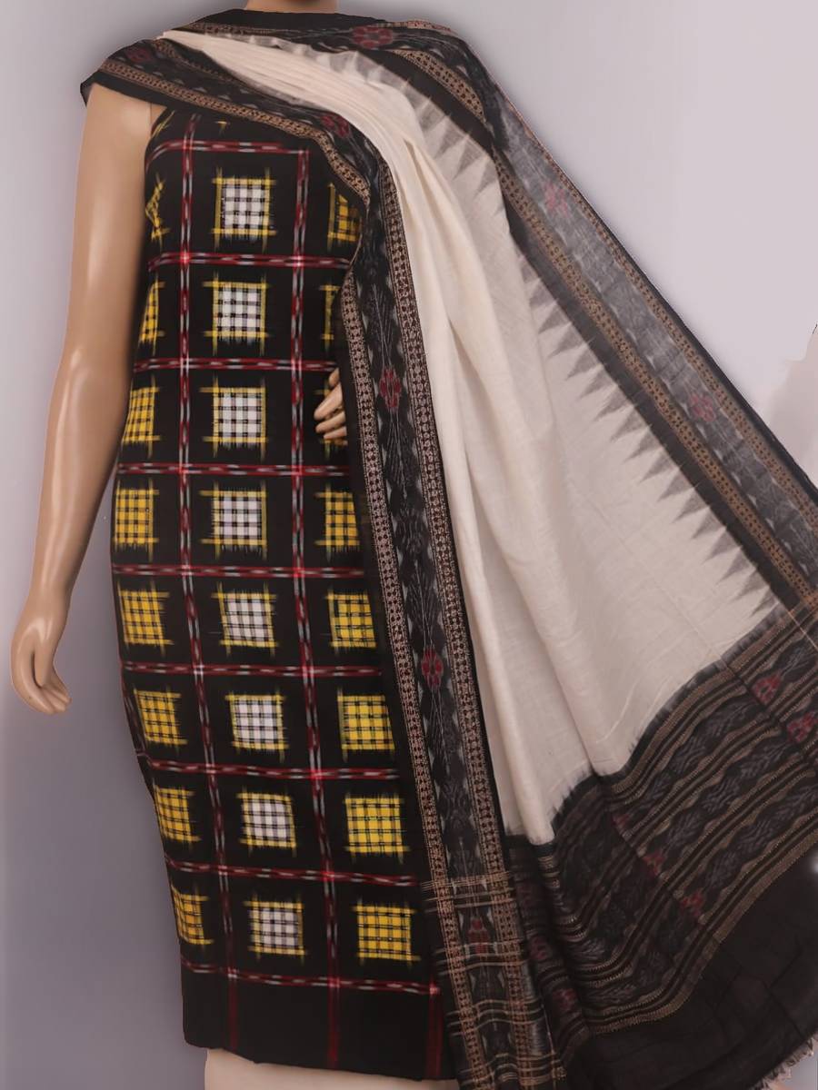 Detail of the black and white Sambalpuri cotton dress material's blouse piece with motifs.