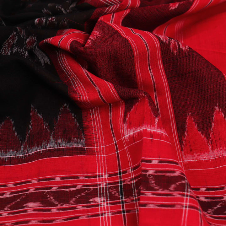 Draped view of a black and red cotton dupatta with Sambalpuri motifs