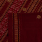 Full view of yellow and maroon cotton Sambalpuri saree featuring a butta pattern.