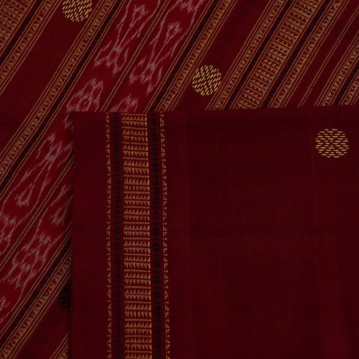 Full view of yellow and maroon cotton Sambalpuri saree featuring a butta pattern.