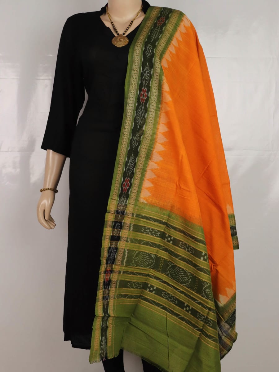 Yellow and green cotton Sambalpuri dupatta with plain body and patterned border, styled for draping