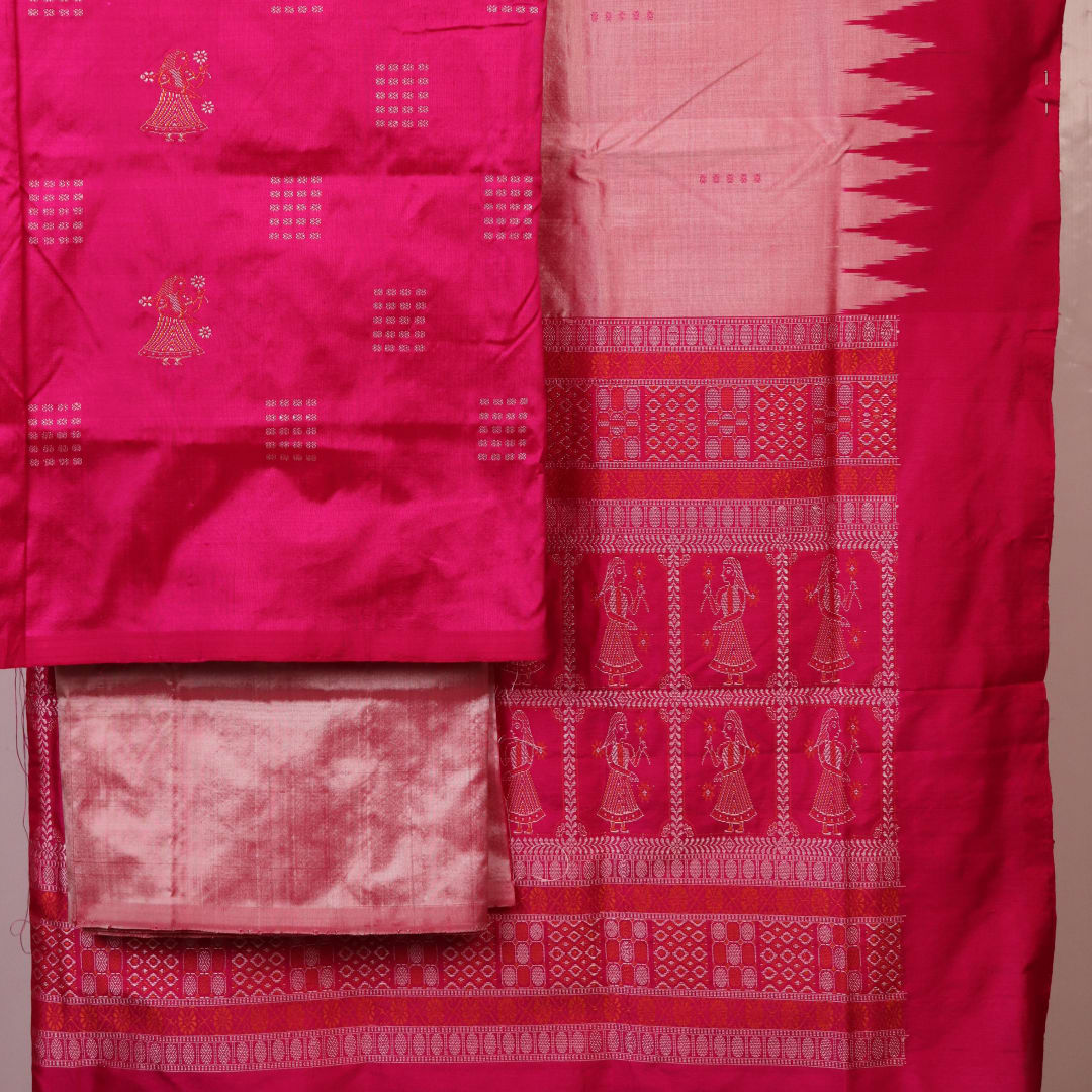 Close-up of Pink and Peach Bomkai Silk Dress Material's Butta pattern blouse piece.