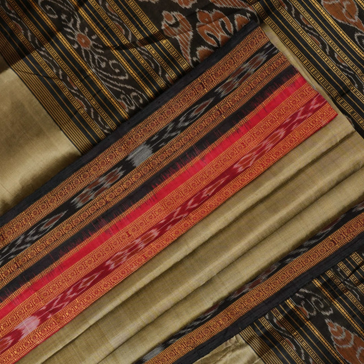 Full styling view of a model draped in a brown and black Khandua silk saree from Odisha