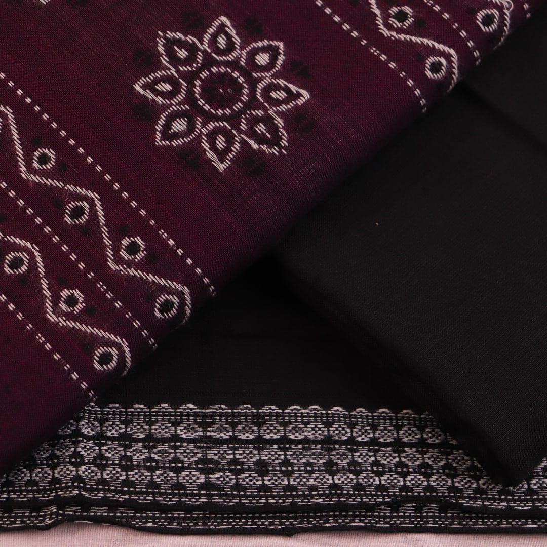 Matching black and purple Bomkai Cotton blouse piece with coordinating butta pattern.
