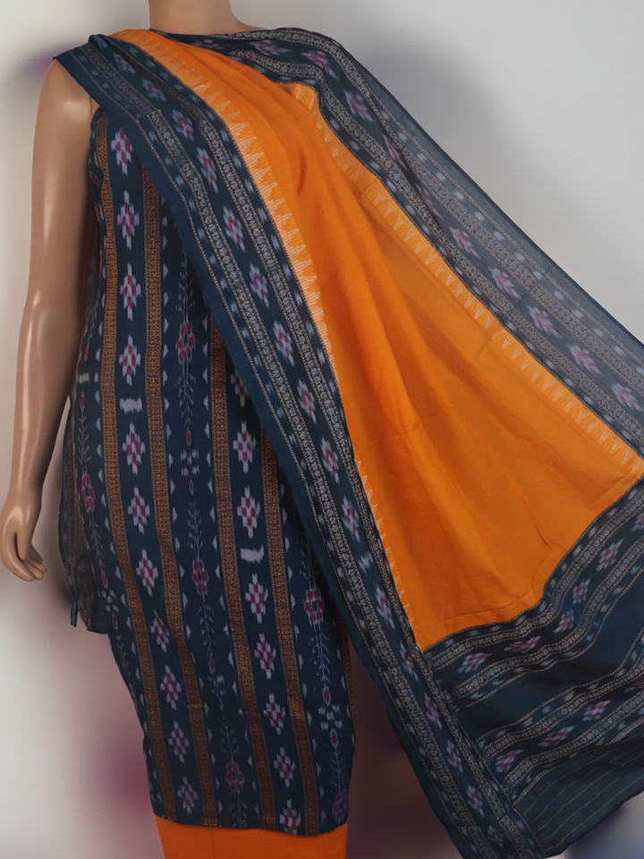 Close-up of the blue and yellow Sambalpuri cotton dress material blouse piece with motifs.