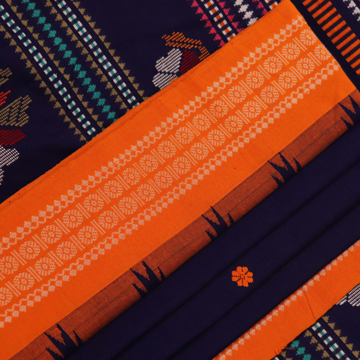 Full view of a blue and orange cotton Berhampuri saree with a butta pattern