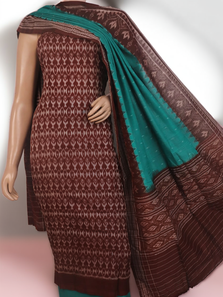 Close-up of the brown and green Sambalpuri cotton dress material's blouse piece with motifs.