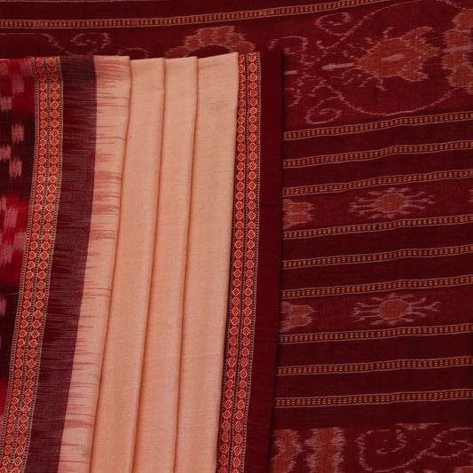 Full length view of a handloom Sambalpuri cotton saree in off-white with maroon butta patterns.