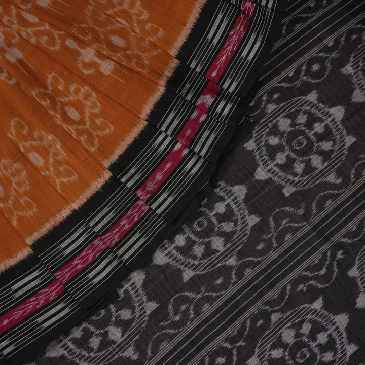 Full layout of the brown and black Sambalpuri cotton saree displaying the complete body and pallu design.