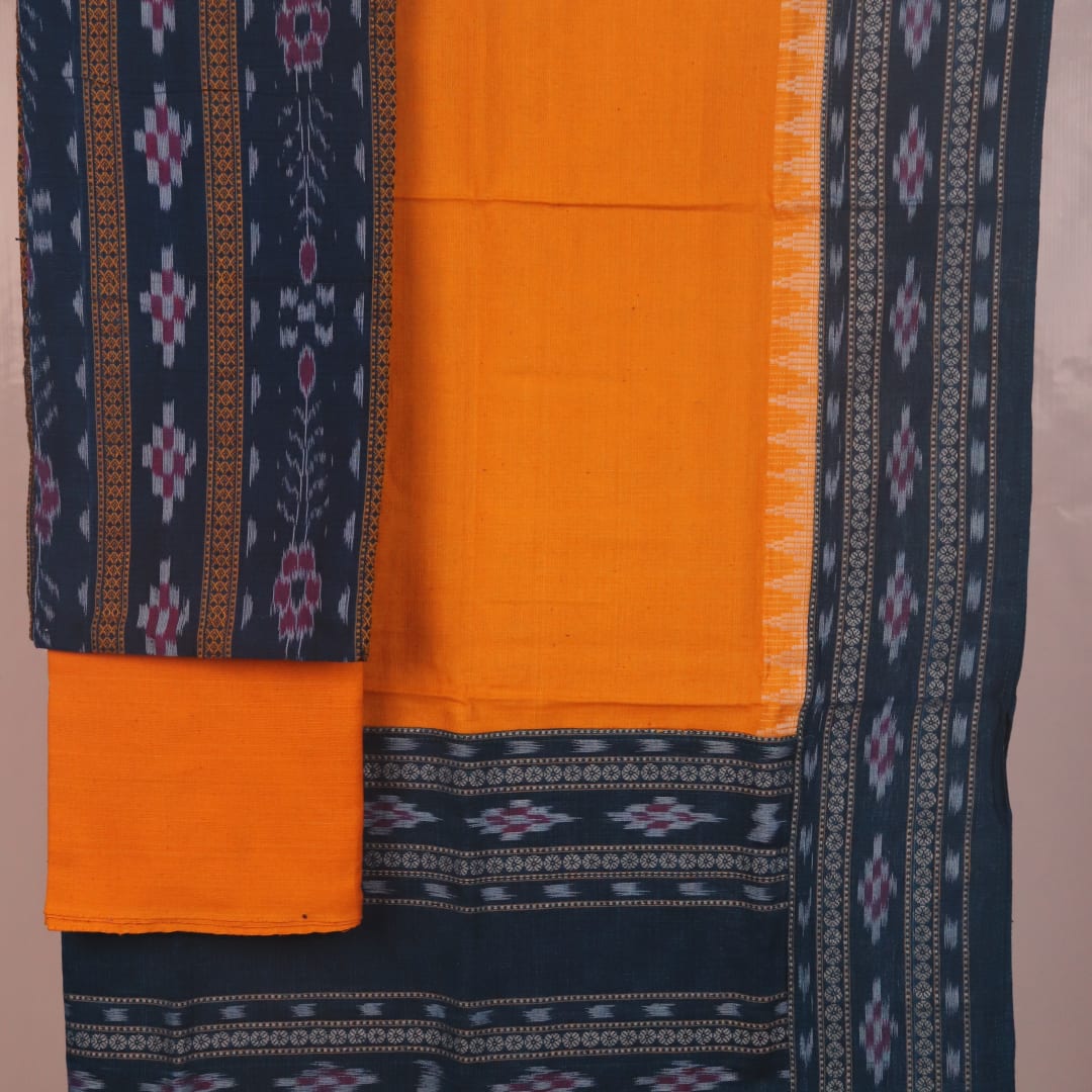 Close-up of the blue and yellow Sambalpuri cotton dress material blouse piece with motifs.