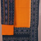 Close-up of the blue and yellow Sambalpuri cotton dress material blouse piece with motifs.