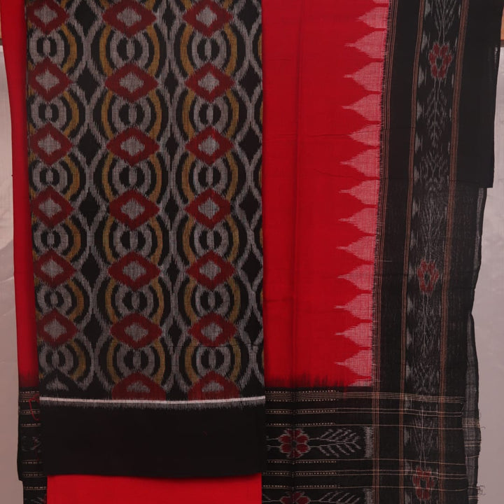 Detail of the black and red motif blouse piece of the Sambalpuri cotton dress material.