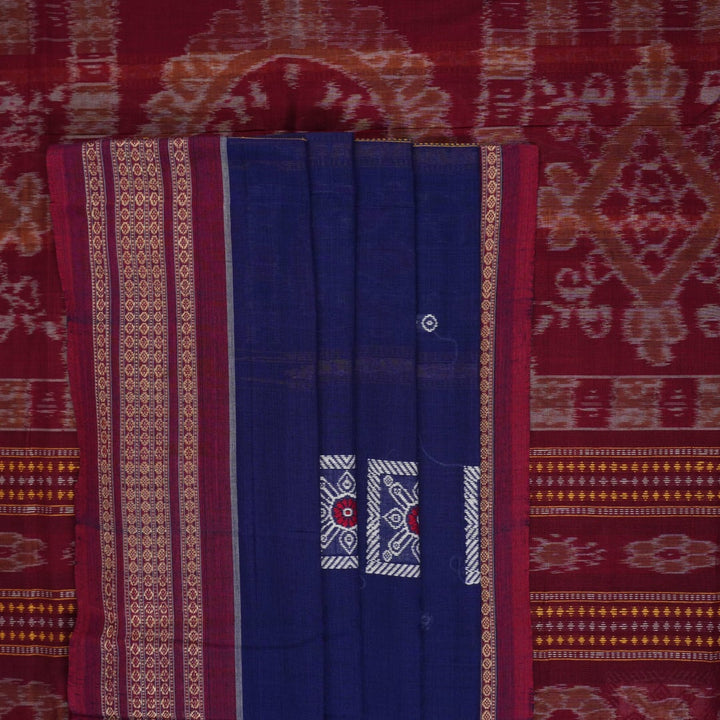 Full layout of the blue and maroon Bomkai cotton saree showing the complete body, border, and pallu.