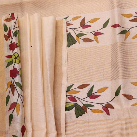 Close-up of off-white printed Tussar Silk saree fabric texture.