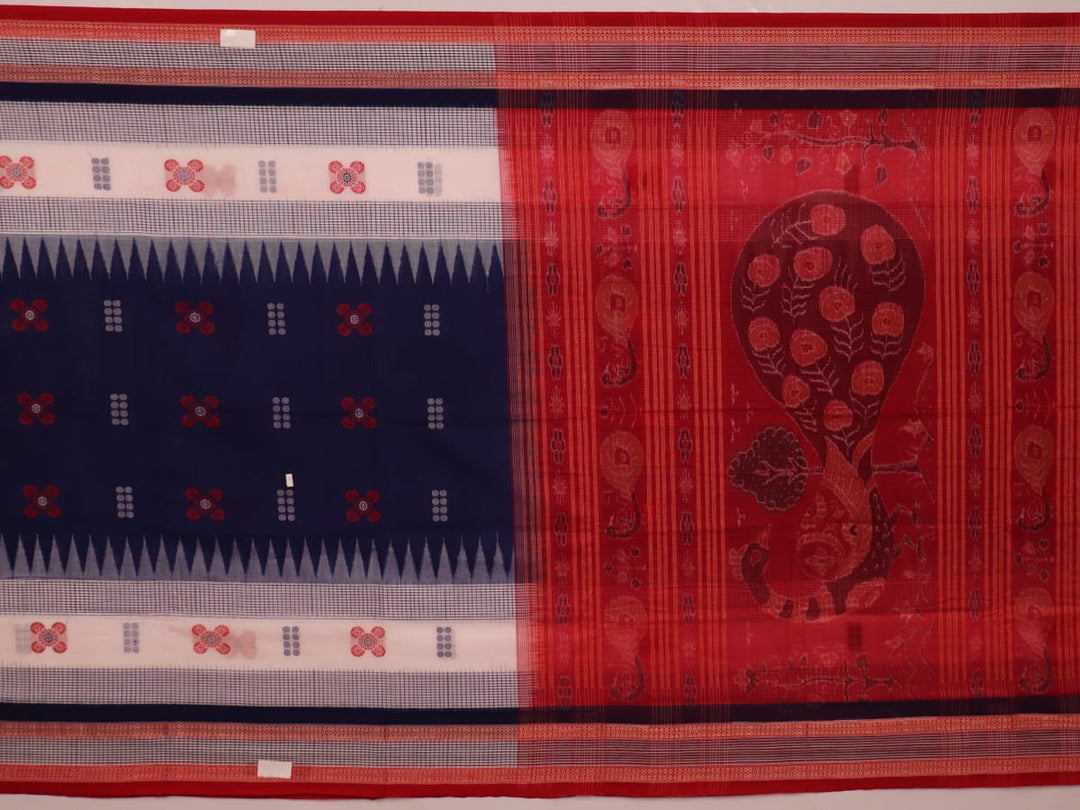 Blue cotton Bomkai saree with red butta pattern, full view