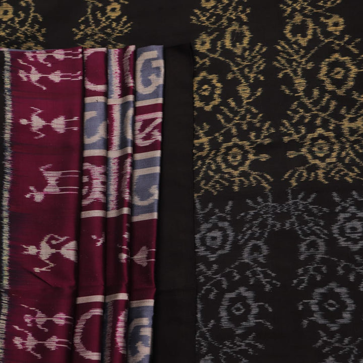 Full-length view of a maroon silk Khandua saree featuring intricate black motifs.