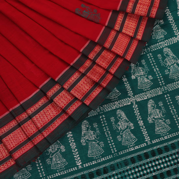 Full view of a red and green Bomkai Cotton Saree featuring a doll pattern.