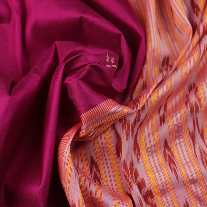 Pink Khandua silk saree styled; showing drape and overall look of the handloom saree.