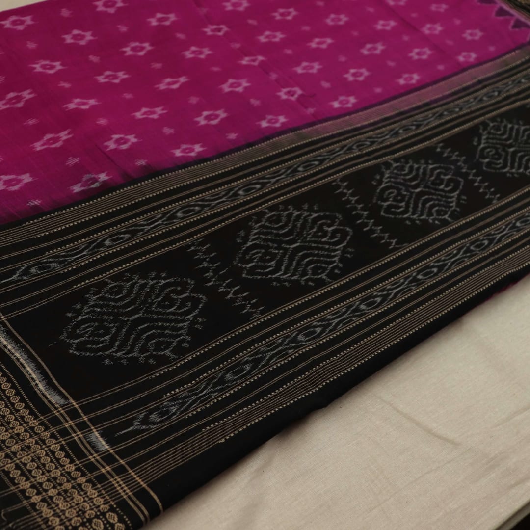 Magenta and black Sambalpuri cotton dupatta with intricate motifs