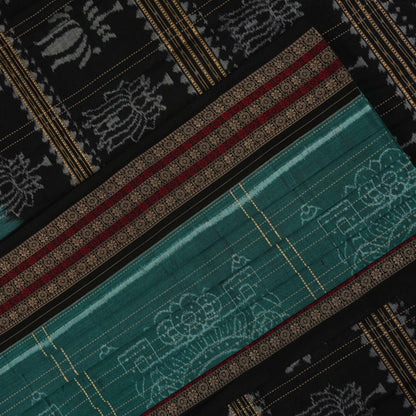 Full layout of the green and black Sambalpuri cotton saree showcasing the pallu and body patterns.