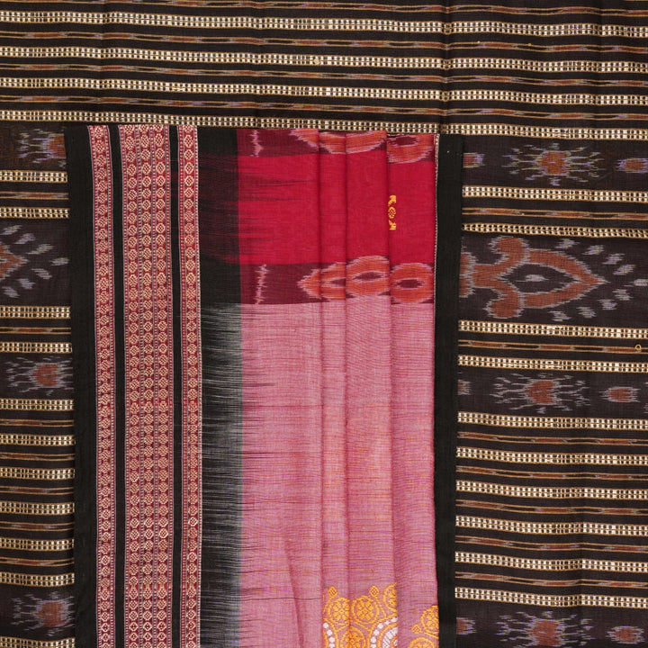 Full layout of the black and multi-color striped Sambalpuri cotton saree showing entire design