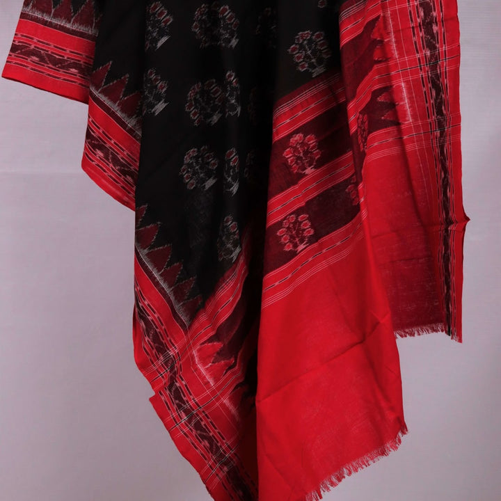 Draped view of a black and red cotton dupatta with Sambalpuri motifs