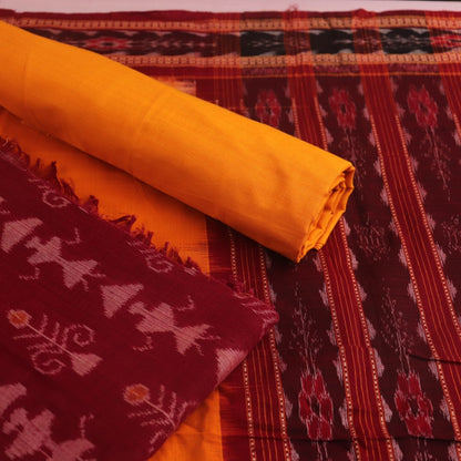 Maroon and yellow Sambalpuri cotton dress material blouse piece with motifs.