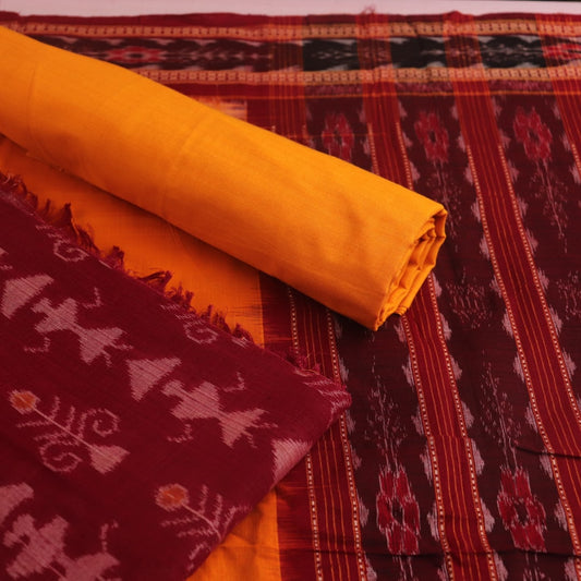 Maroon and yellow Sambalpuri cotton dress material blouse piece with motifs.