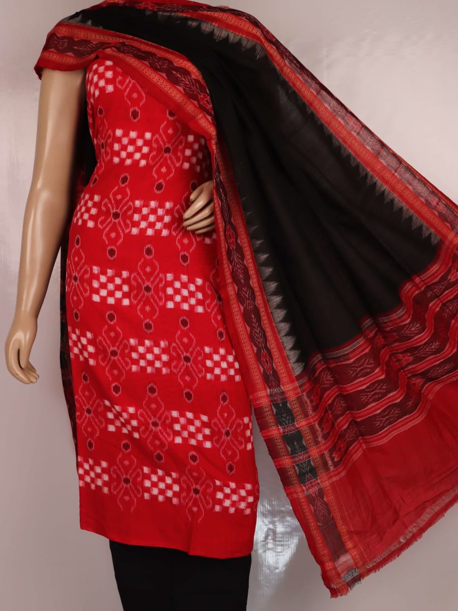 Close-up detail of black Pasapalli pattern on red cotton Sambalpuri dress material blouse piece