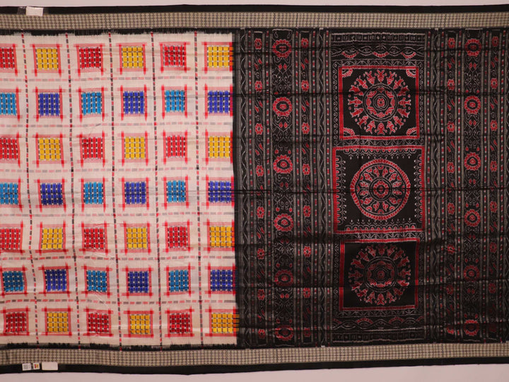 Close-up of white silk handloom saree with black Sambalpuri motifs