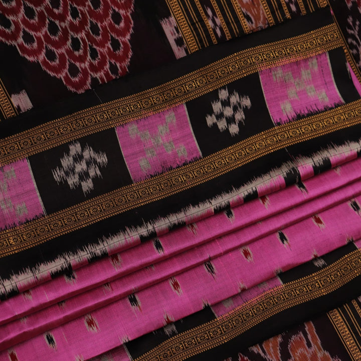 Pink Khandua Silk Saree with black motifs, styled and draped in traditional fashion