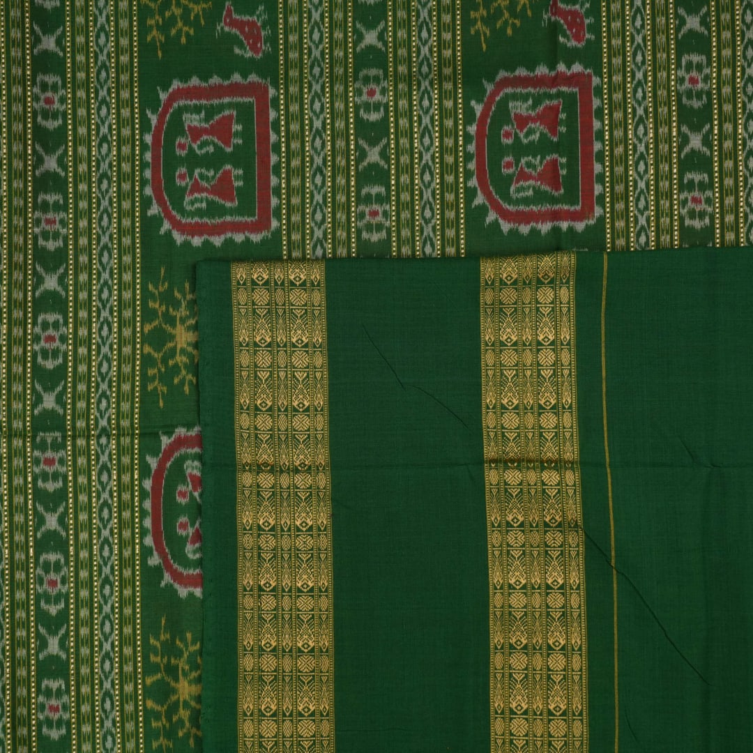 Full flat layout of the green Sambalpuri cotton saree displaying the complete body and pallu motifs