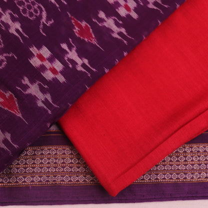 Detail of the violet and red Sambalpuri cotton dress material's blouse piece with motif patterns.