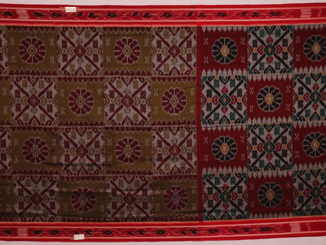 Green and Red Cotton Sambalpuri Saree Draped in a Stylized Manner