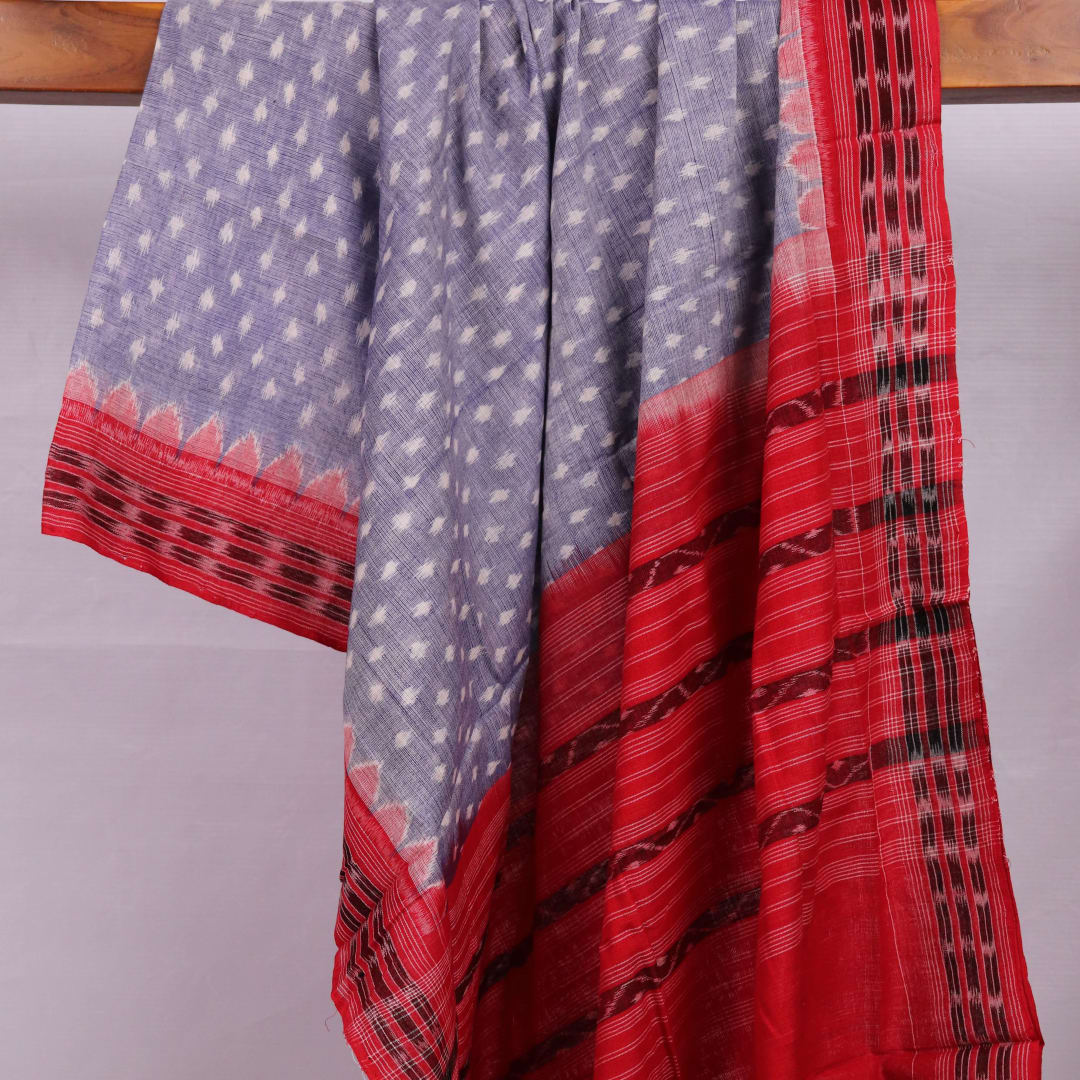 Grey and red Sambalpuri cotton dupatta styled in a draped view