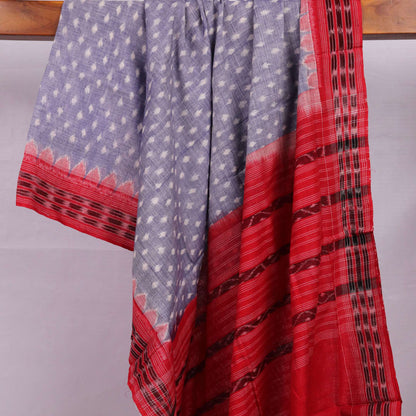 Grey and red Sambalpuri cotton dupatta styled in a draped view