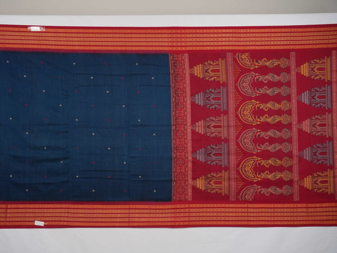 Full layout view of the blue Bomkai cotton saree with red borders and intricate handloom butta work.