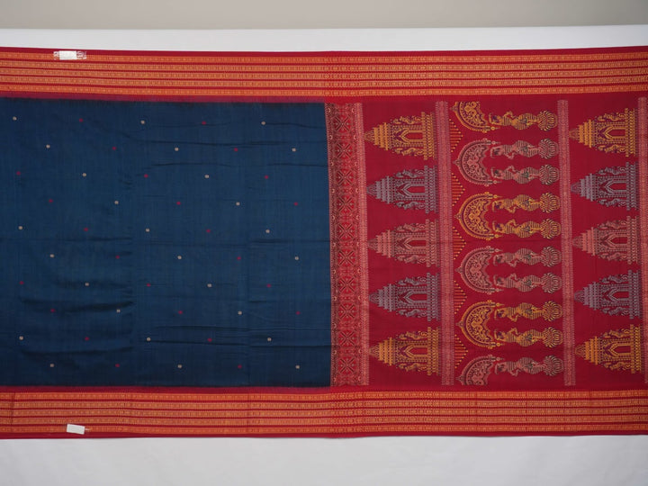 Full layout view of the blue Bomkai cotton saree with red borders and intricate handloom butta work.