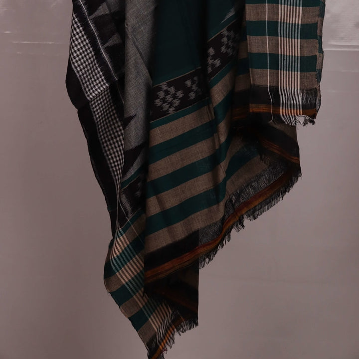 Green and black Sambalpuri cotton dupatta with plain body adorned by a black border