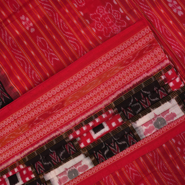 Model styled in a black and red Sambalpuri cotton saree featuring the traditional Pasapalli design.
